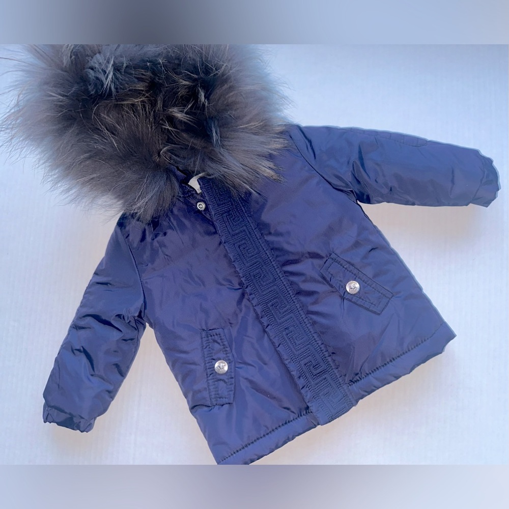 Young Versace Unisex Puffer Fur HOODED Jacket Coat Navy Blue Size 6M NEW